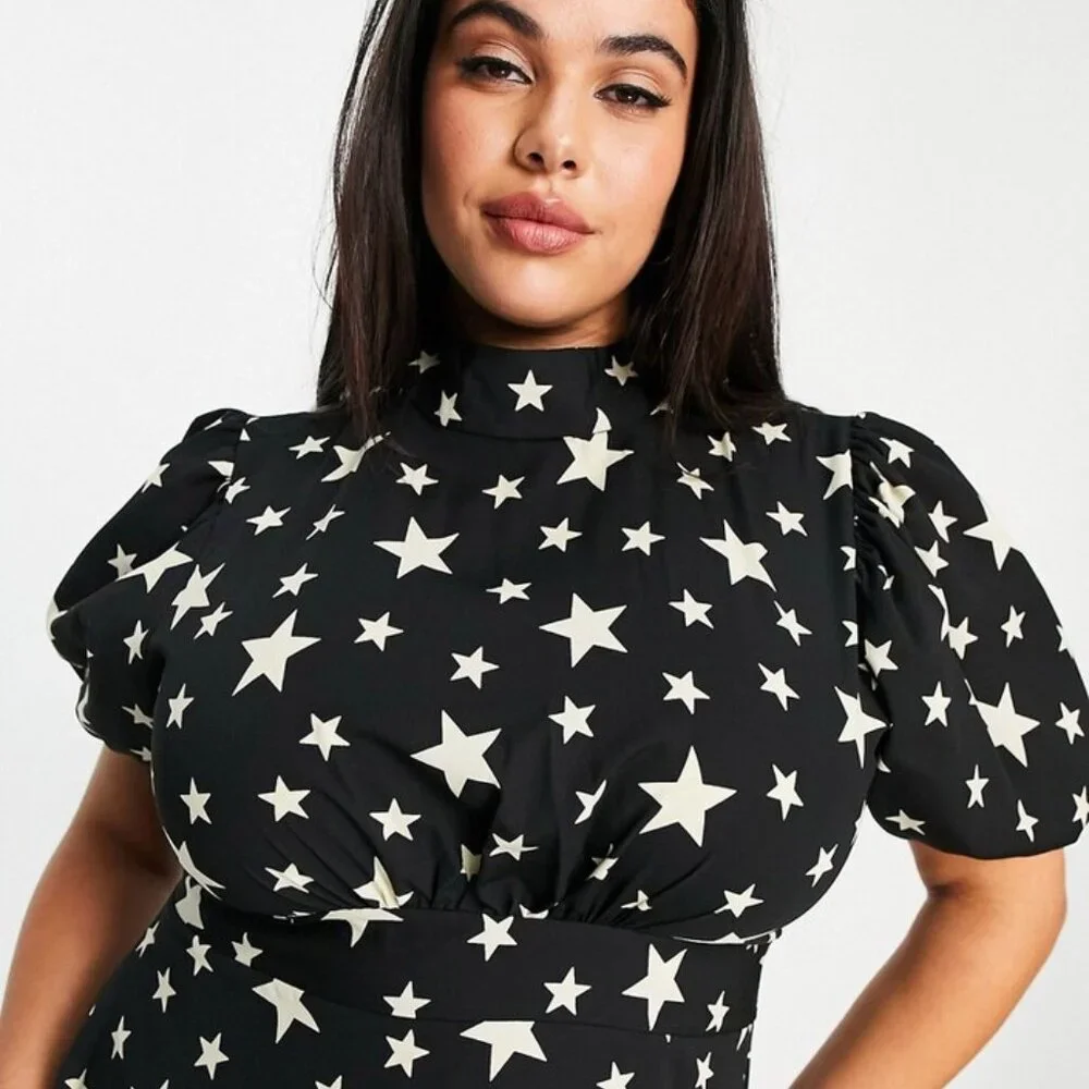 ASOS John Zack puff sleeve midi dress with open back bow in black star print - Picture 2 of 4